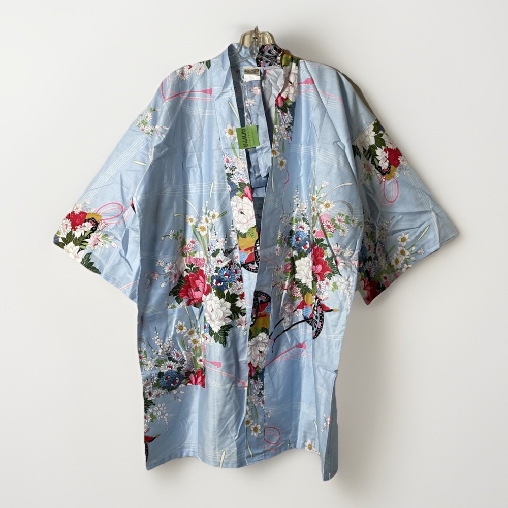 Amita Kyoto Tokyo 100% Cotton Blue Floral Kimono Women's Large NWT